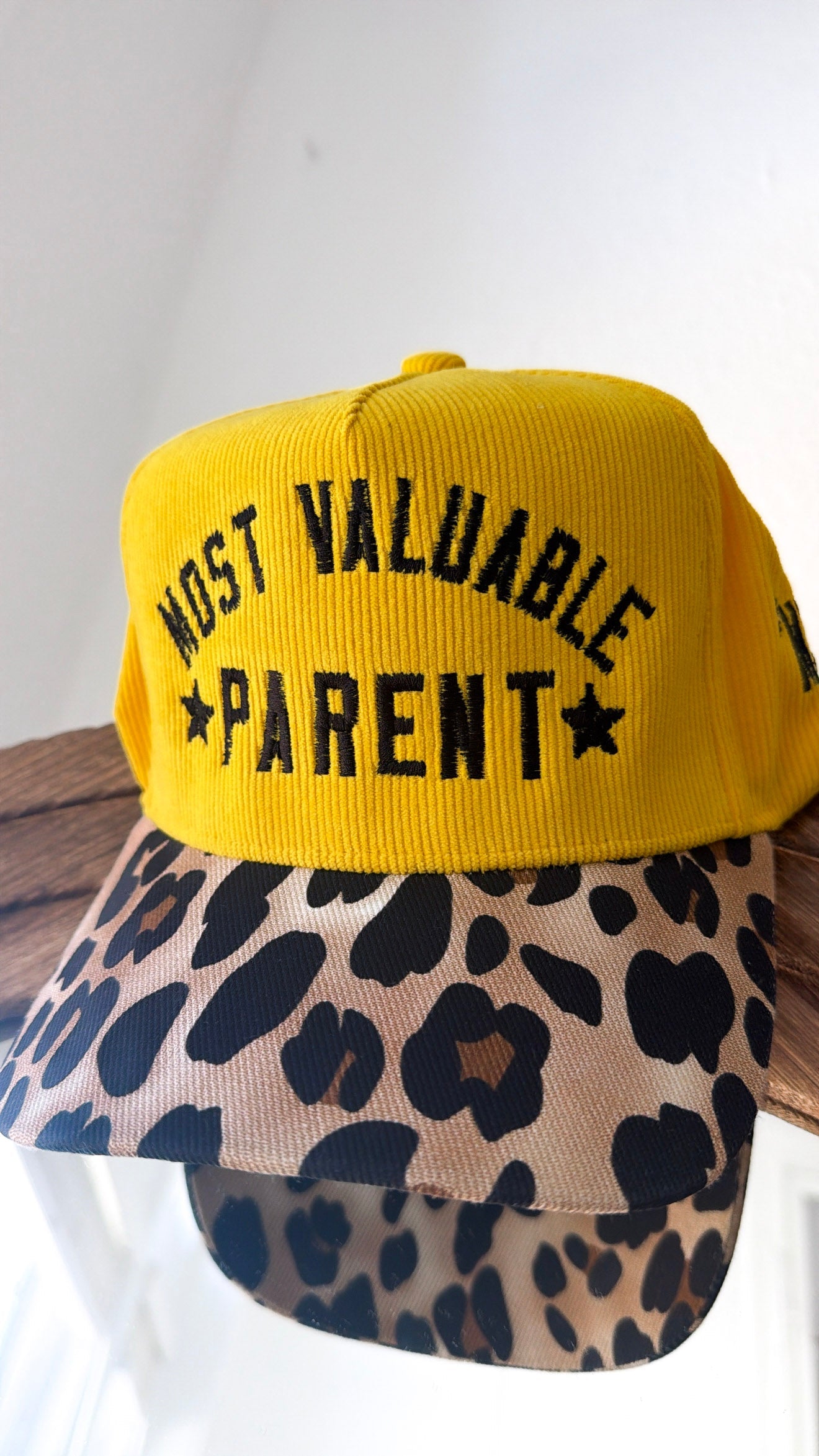 Most Valuable Parent Trucker Hat, Yellow Corduroy/Leopard
