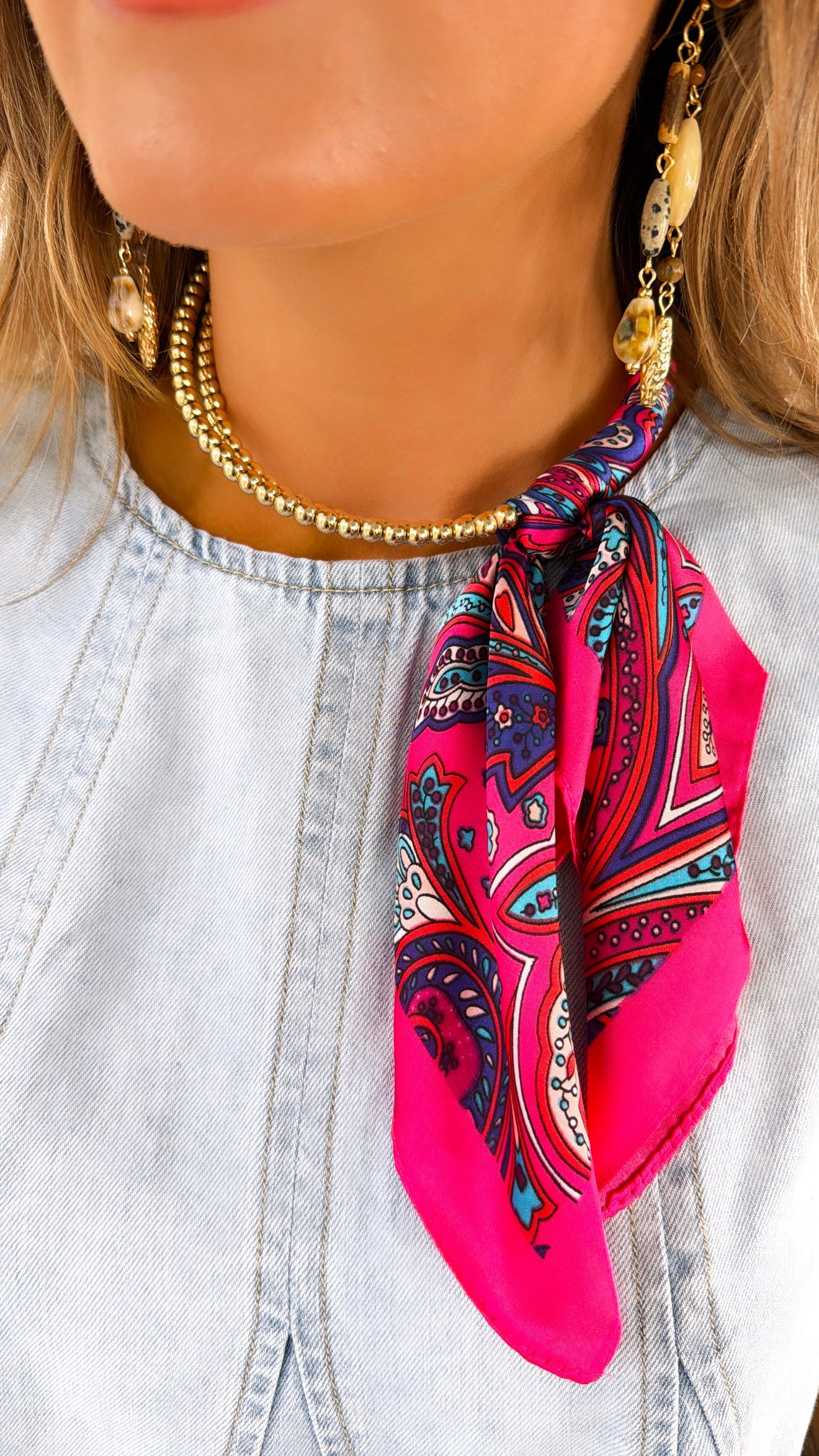 Half Bandana Wrapped Necklace, fuchsia