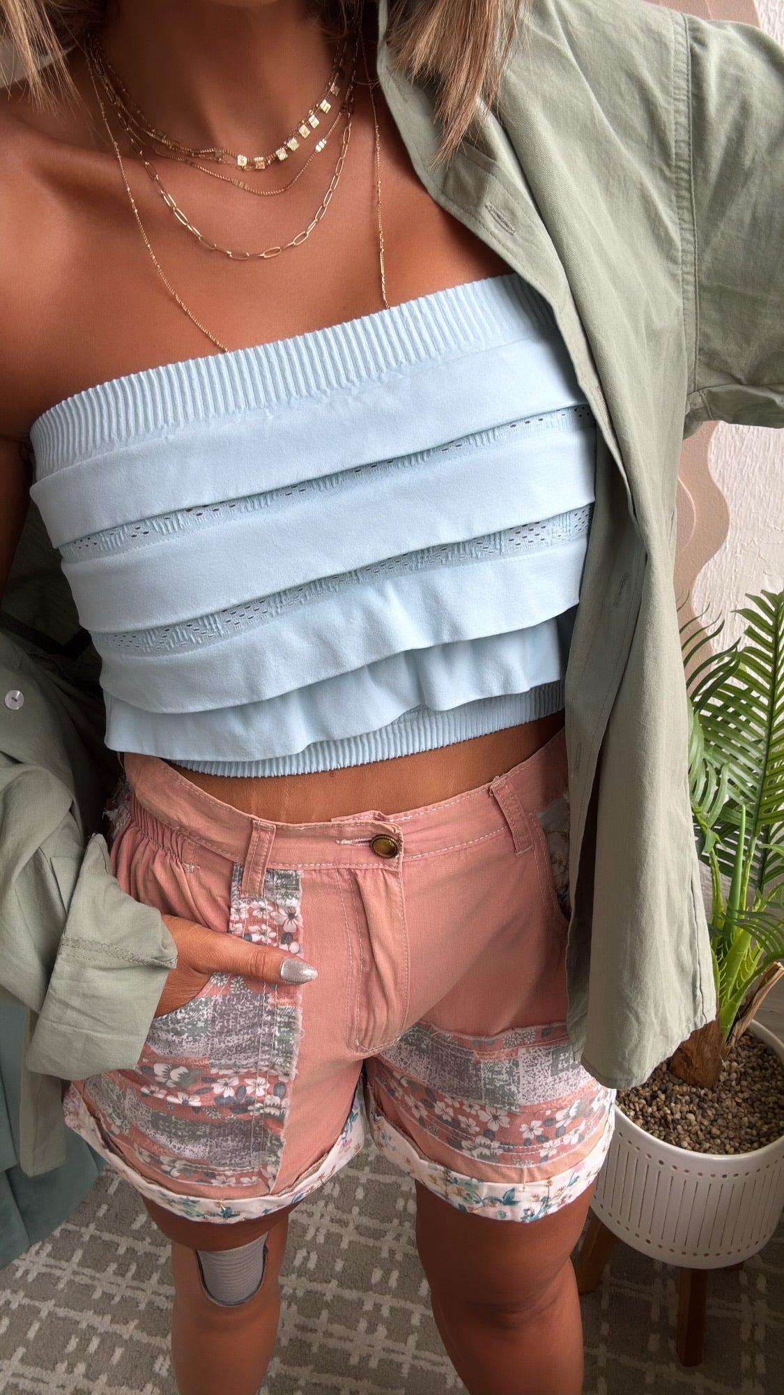 Layered Ruffled Tube Top, Breezy Blue