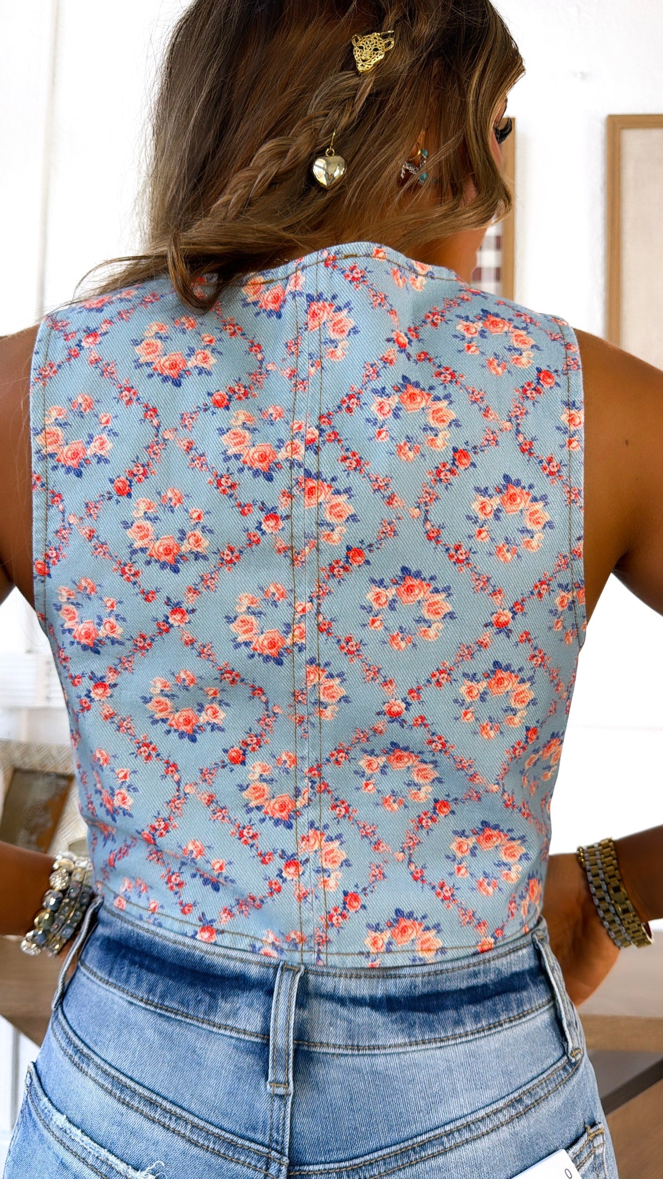 Dusty Florals Denim Vest, Blue/ Coral
