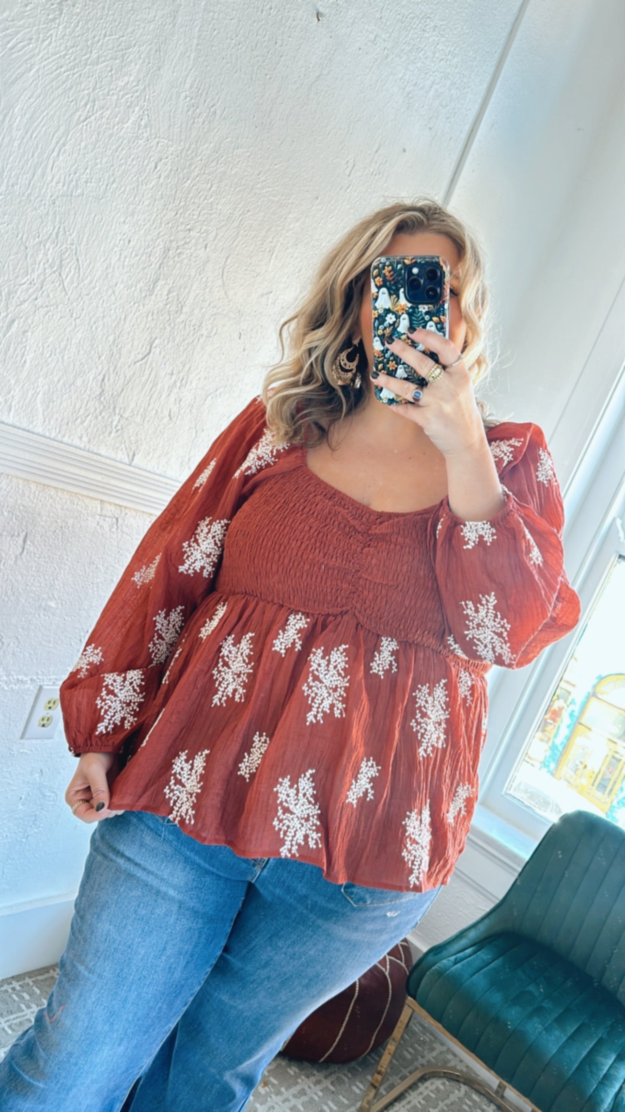 All About Details Embroidered Smocked Blouse, Rust