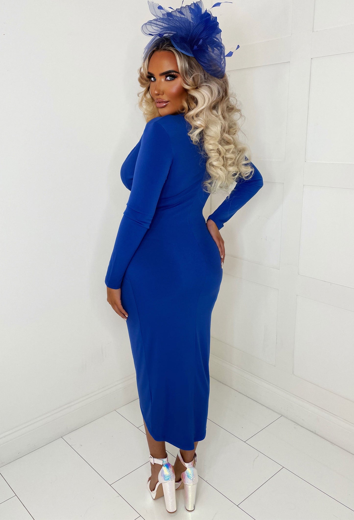 Chasing Romance Cobalt Long Sleeve Stretch Ruched Midi Dress