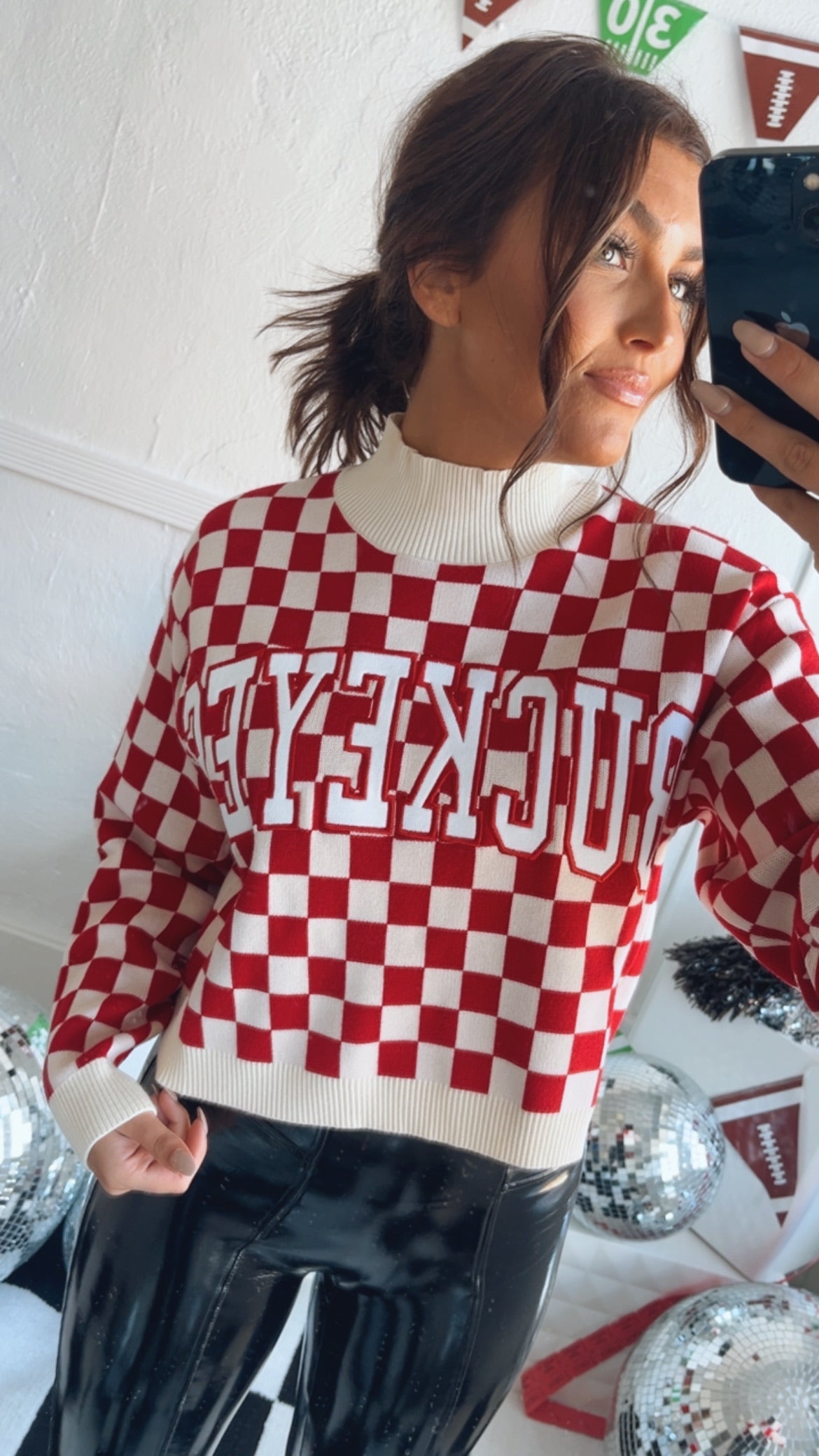 Ohio Checkered Mock Neck Sweater, Red