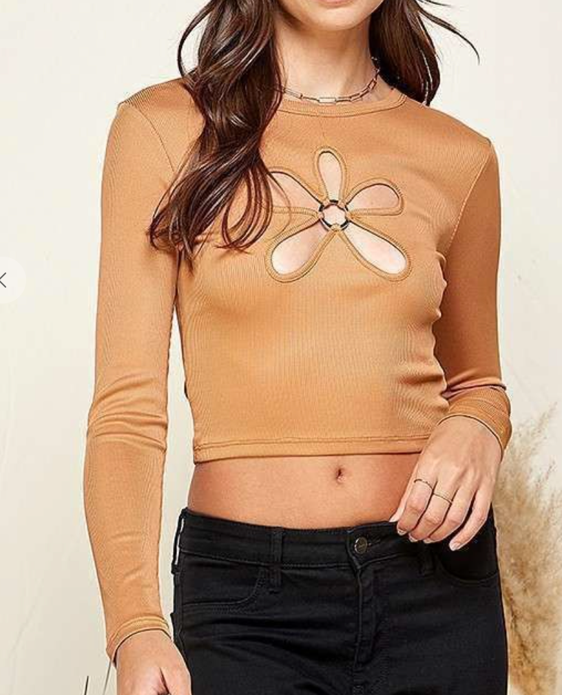 O-Ring Cut Out Detail Ribbed Top, Caramel