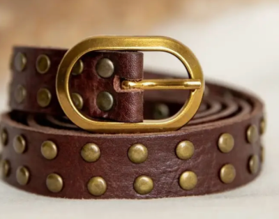 Narrow Leather Studded Belt, Dark Brown