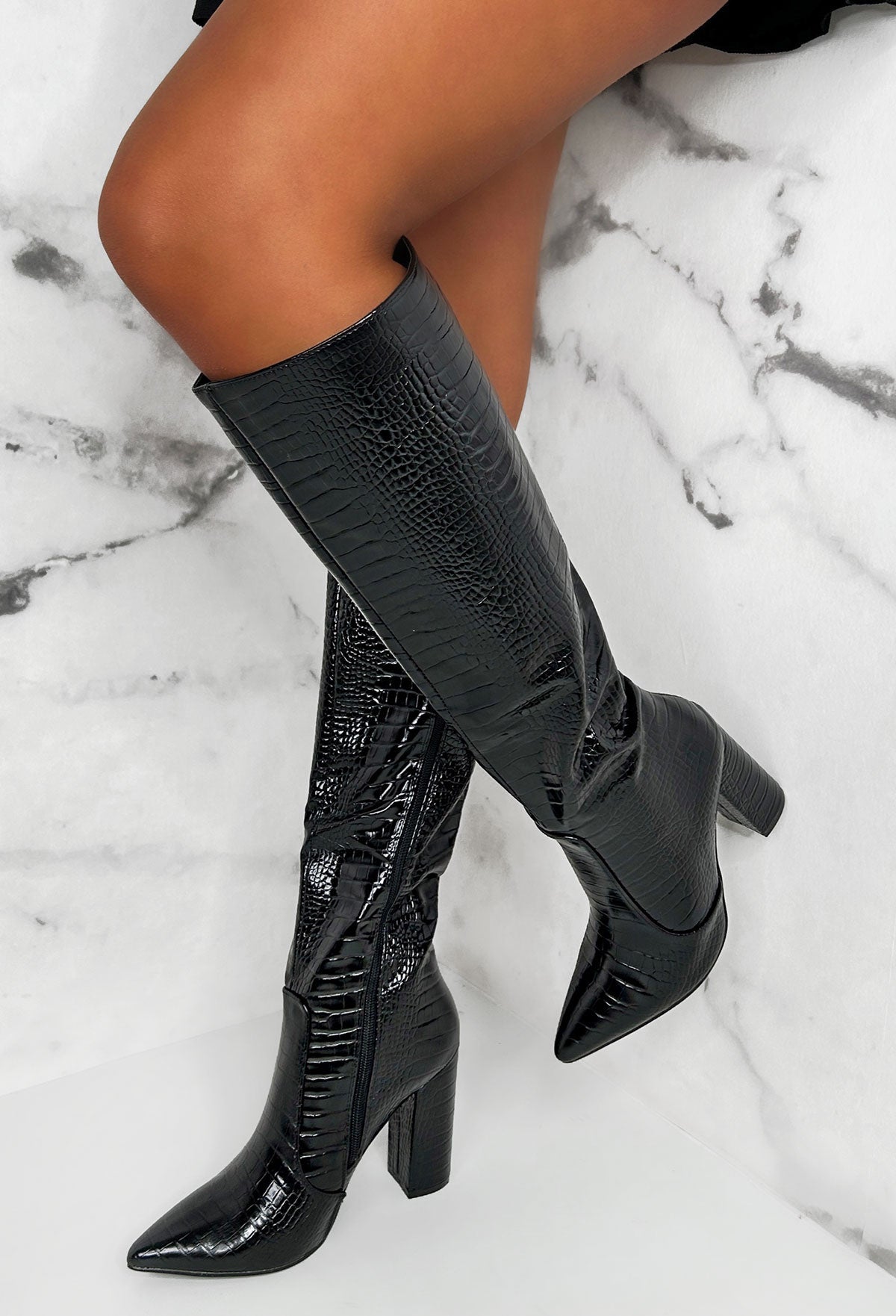 All You Want Black Croc Effect Knee High Block Heel Boots