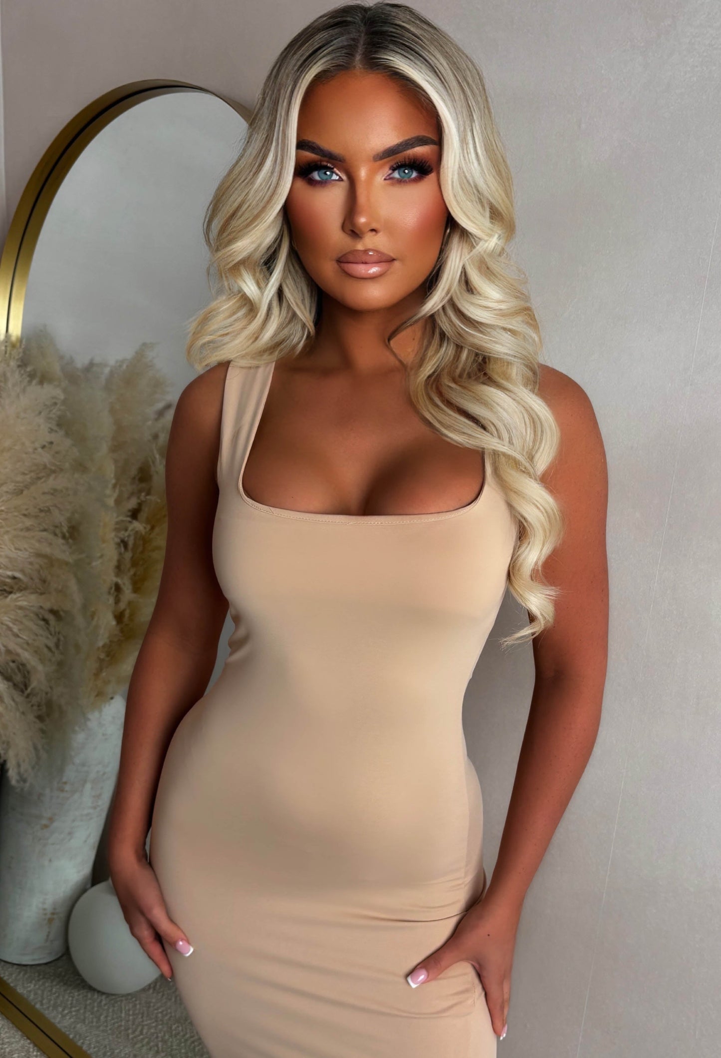 Basically Be Mine Beige Square Neck Bodycon Dress