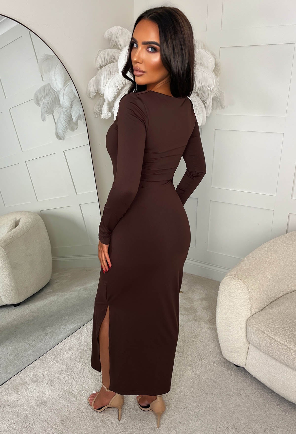 Basically I'm Yours Brown Square Neck Long Sleeve Bodycon Dress