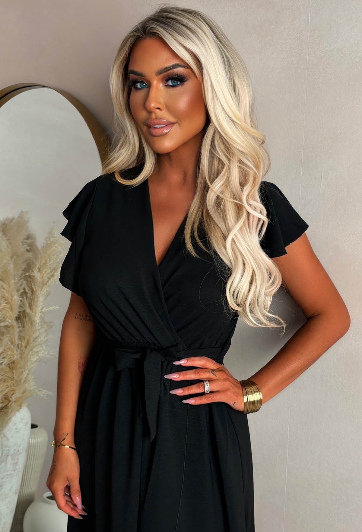 Best Believe Me Black Wrap Front Frill Sleeve Maxi Dress