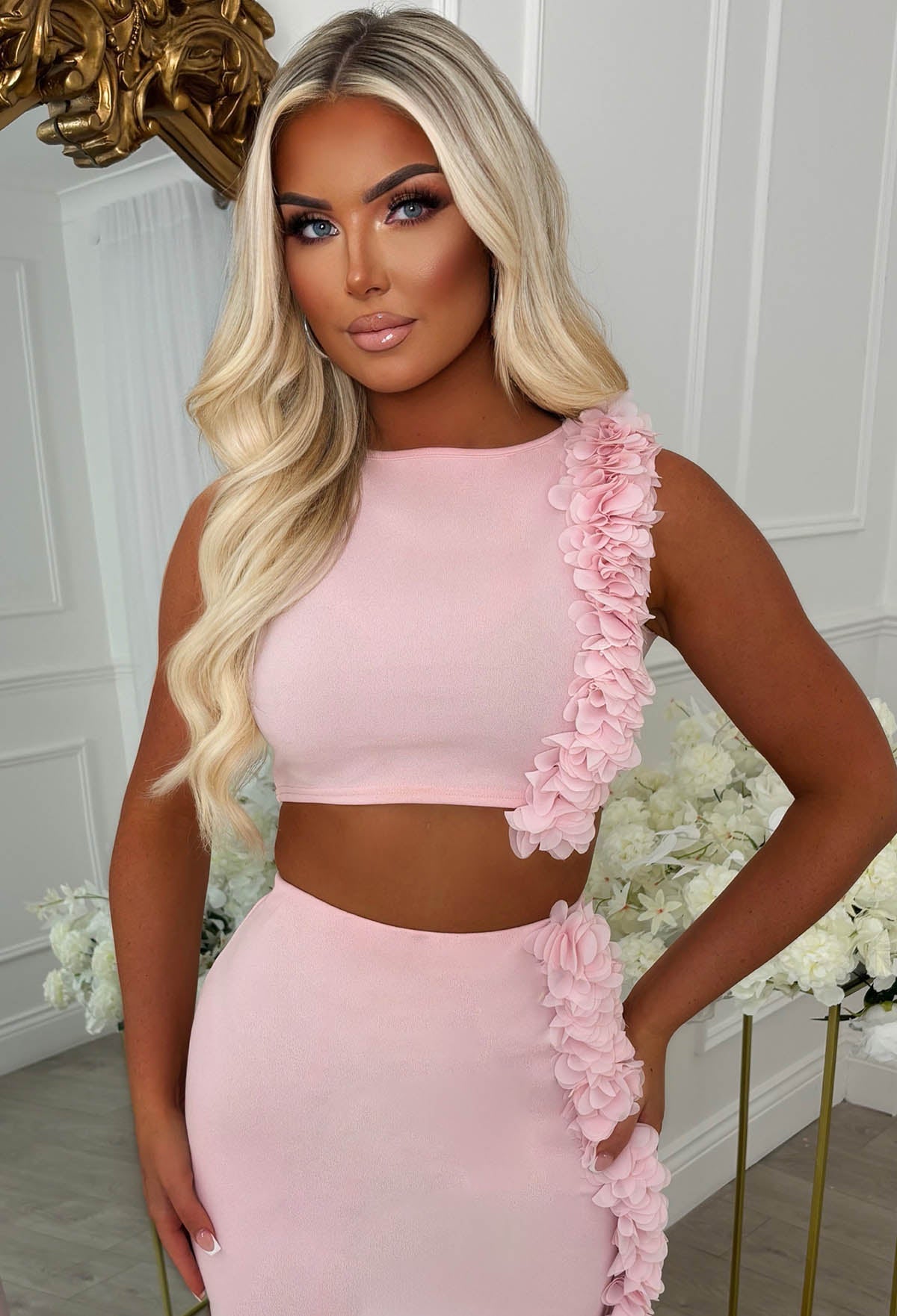 Billionaire Beauty Light Pink Ruffle Midi Side Split Co-Ord Set