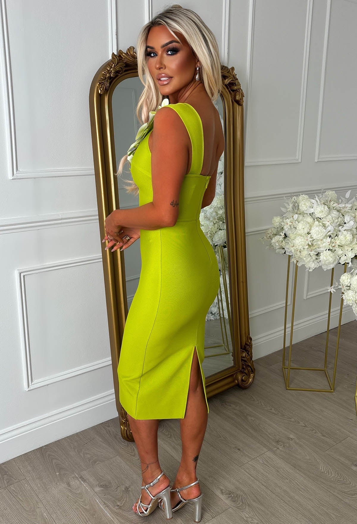 Cali Sunset Lime Orchid One Shoulder Plunge Dress