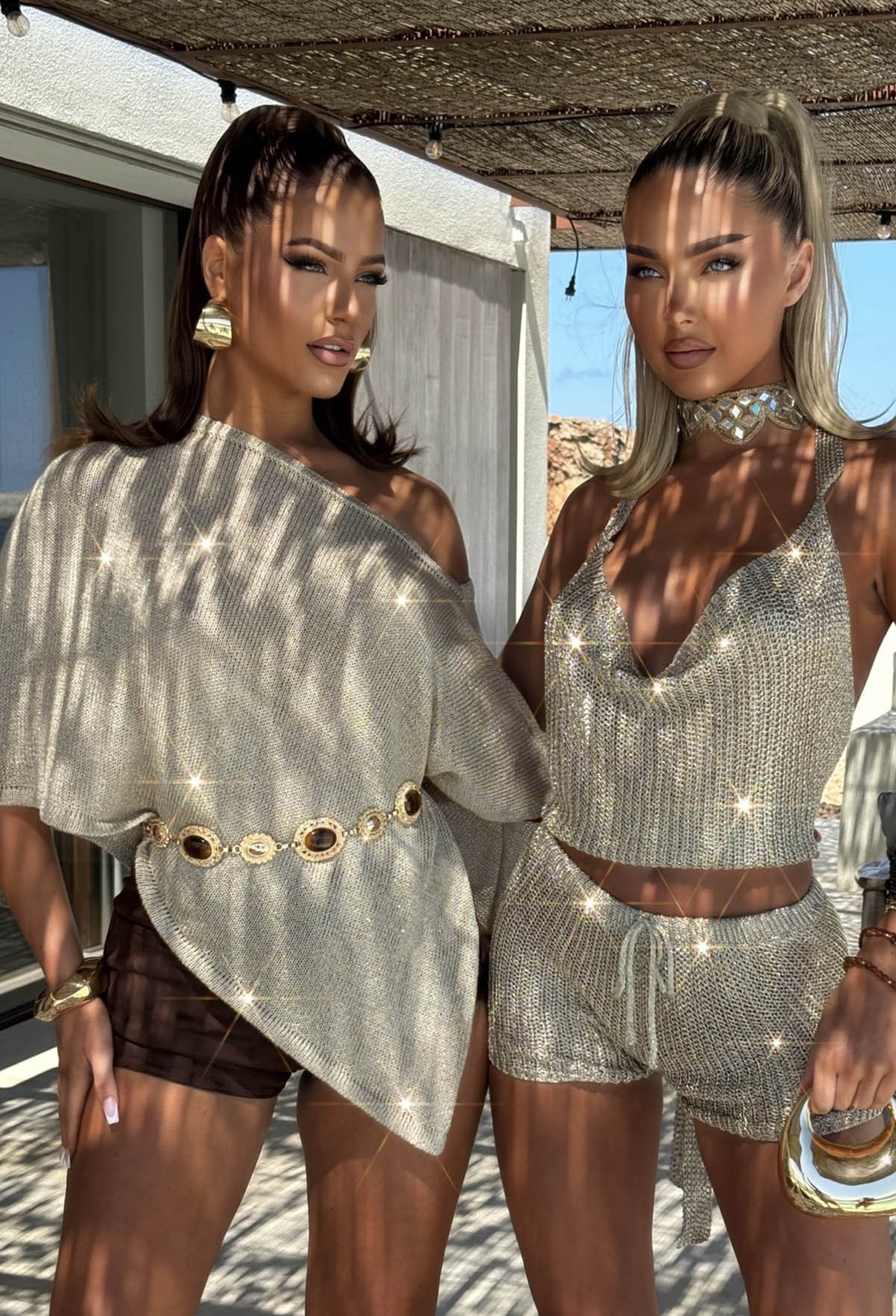 Champagne Coast Beige Lurex Knitted Off Shoulder Cover Up