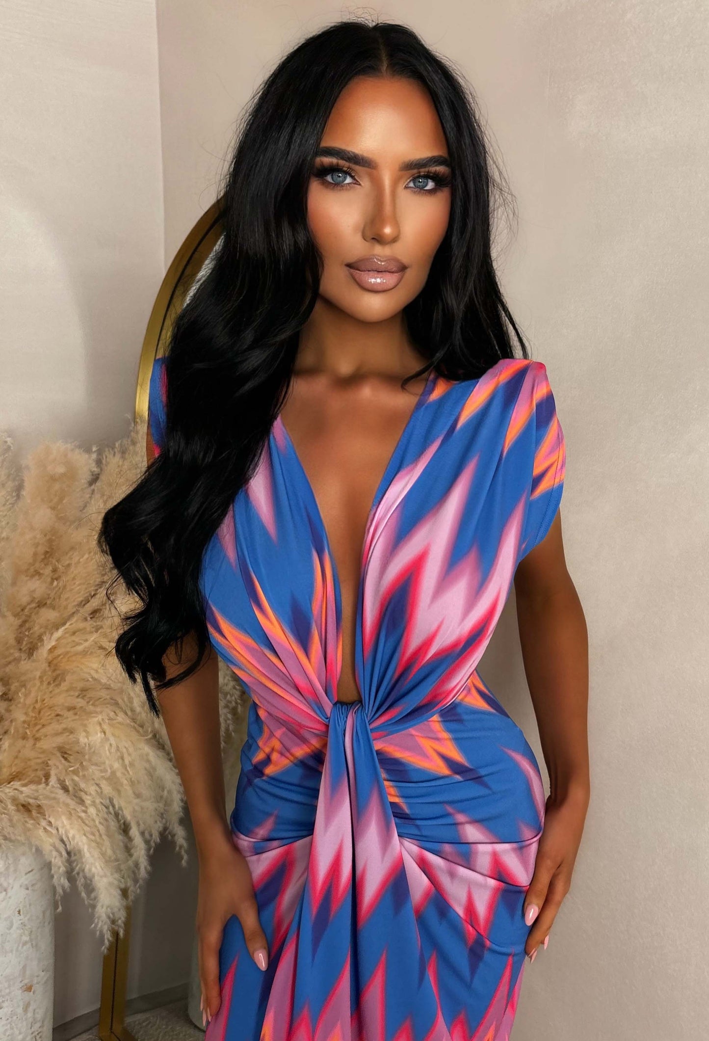 Cocktail Hour Multi Zig Zag Print Sleeveless Plunge Ruched Midi Dress