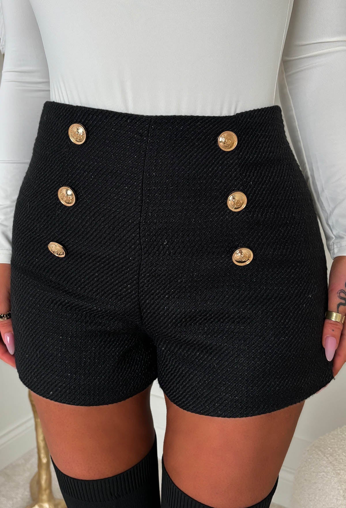 Coco Fever Black Tweed Button Front Shorts