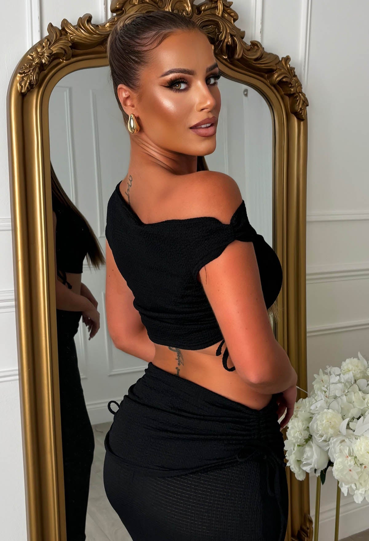 Crinkle Cutie Black Ruched Detail Skirt Co-Ord Set