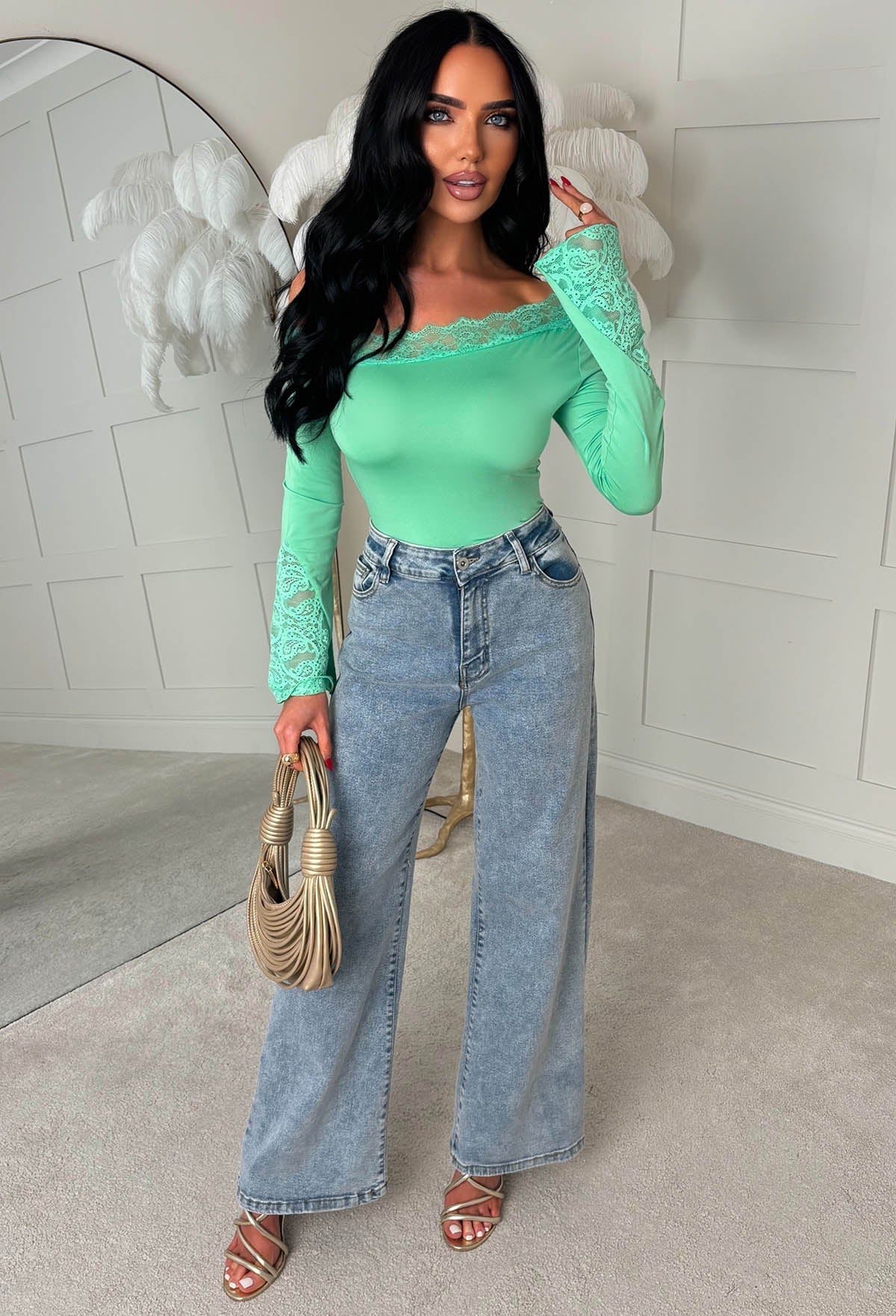 Dare To Dream Aqua Lace Asymmetrical Neck Flared Sleeve Top
