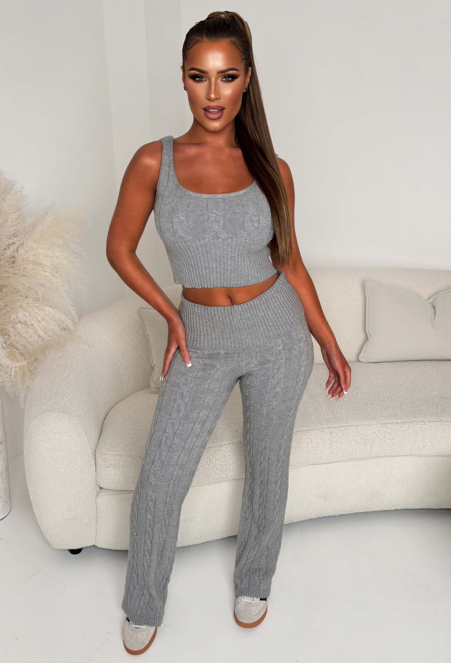 Enchanting Ease Grey Marl Cable Knitted Lounge Trousers