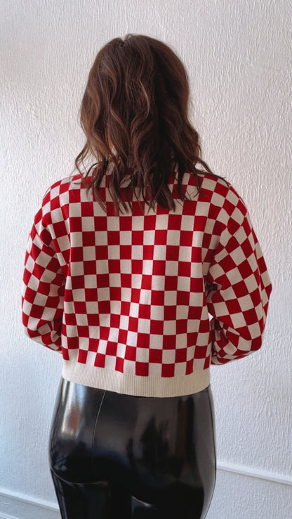 Ohio Checkered Mock Neck Sweater, Red
