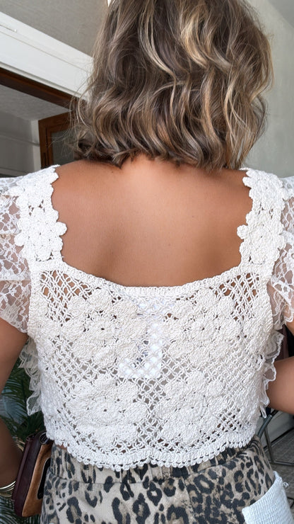 Falling For You Crochet Lace Bow Detail Top, Natural