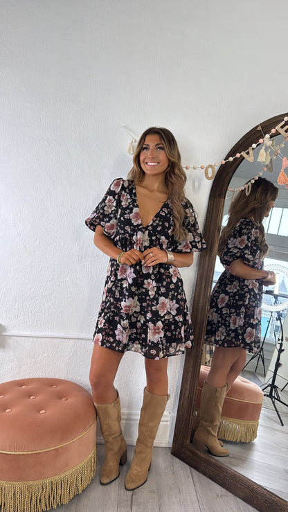 Della Dainty Floral Bubble Sleeve Mini Dress, Fall Black Multi