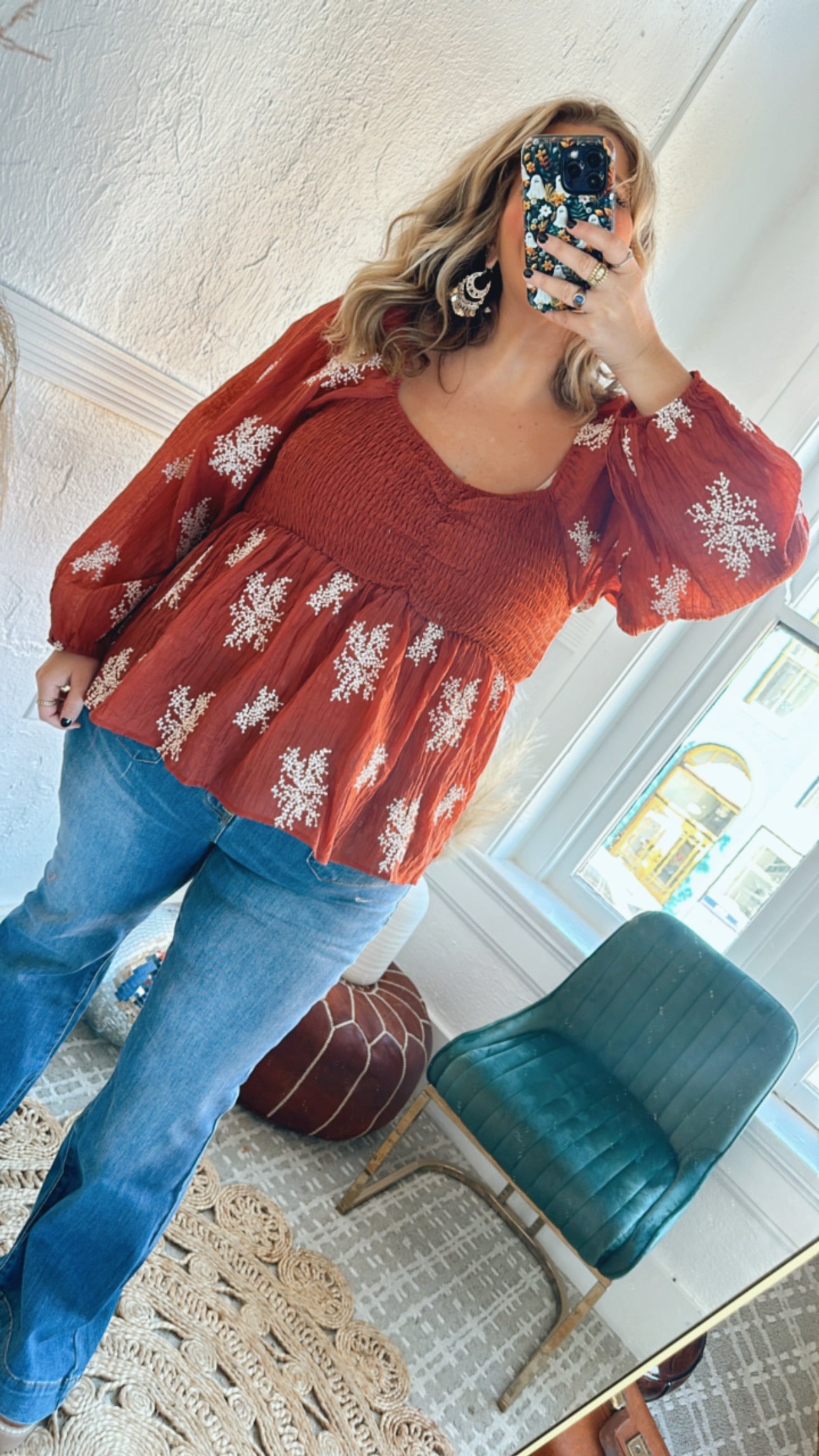 All About Details Embroidered Smocked Blouse, Rust