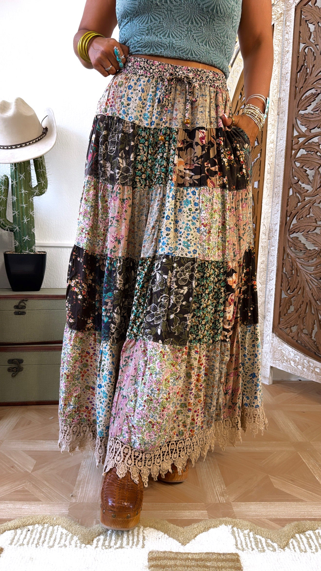 Cloverline Printed Tiered Midi Skirt, Latte