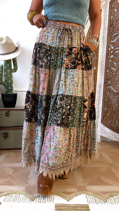 Cloverline Printed Tiered Midi Skirt, Latte