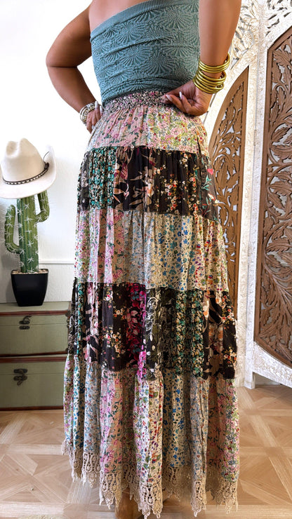 Cloverline Printed Tiered Midi Skirt, Latte