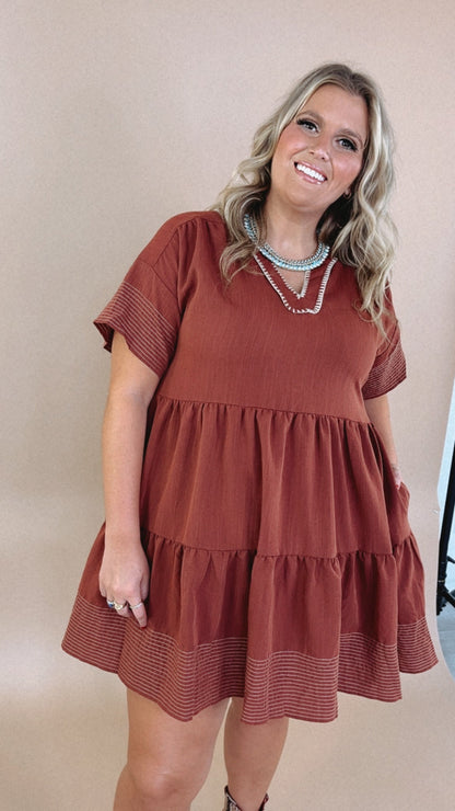 Emmy V Neck Embroidered Mini Dress, Rust