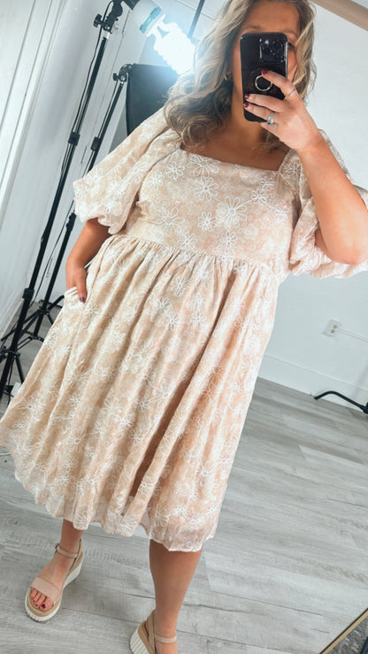 Floral Chiffon Midi Dress, Sand