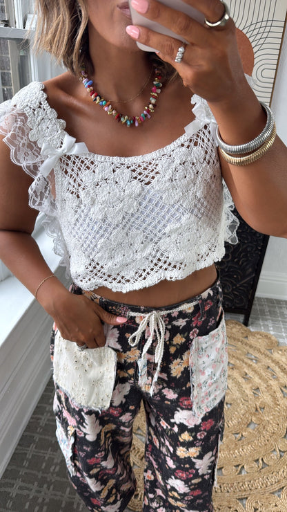 Falling For You Crochet Lace Bow Detail Top, Off White