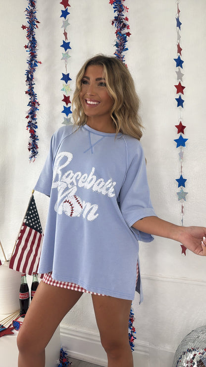 Baseball Mom Oversized Rhinestone Tee, Blue