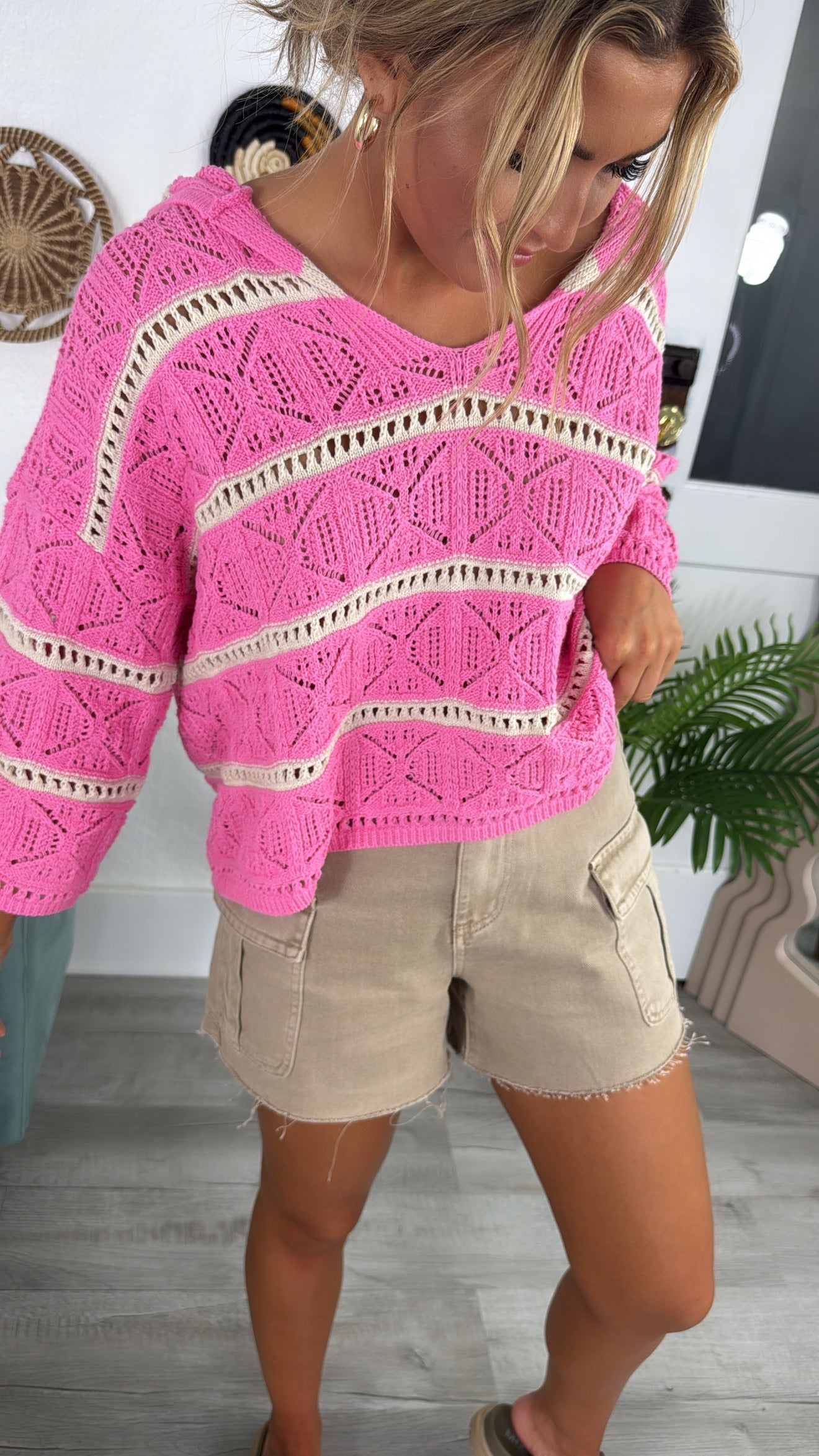 Emery Crochet Striped Sweater Hoodie, Pink