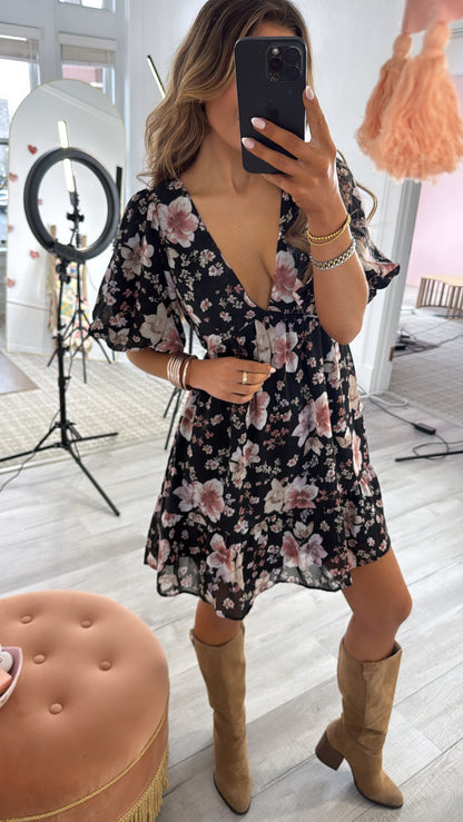 Della Dainty Floral Bubble Sleeve Mini Dress, Fall Black Multi