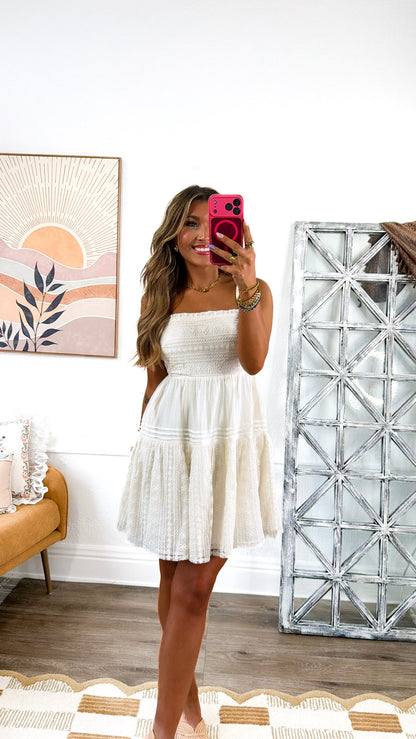 Floral Embroidered Babydoll Dress, Ecru