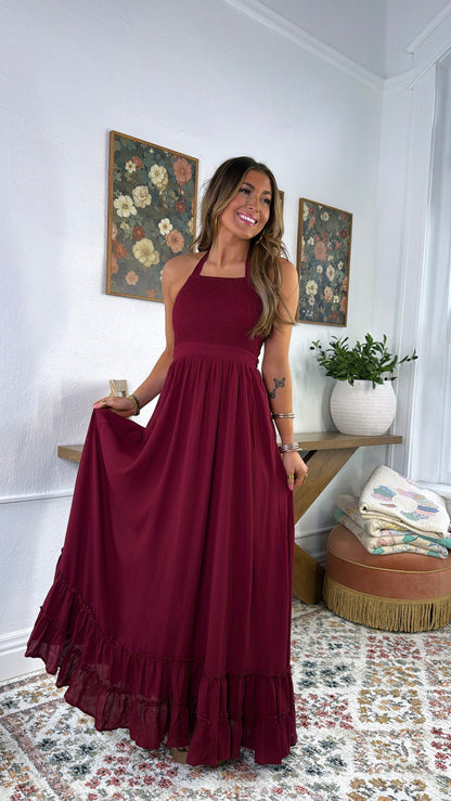 ECB Exclusive: Between the Lines Maxi Dress, Burgundy