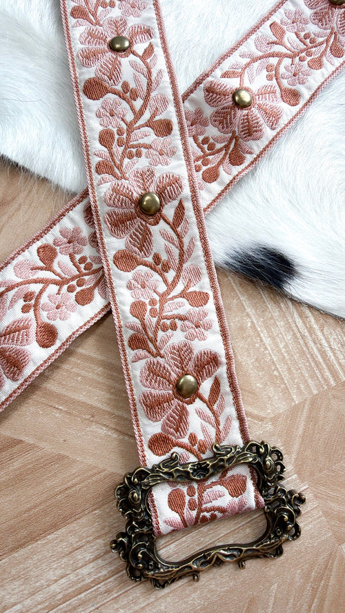 Poppy Embroidered Adjustable Belt, Ivory/Mauve