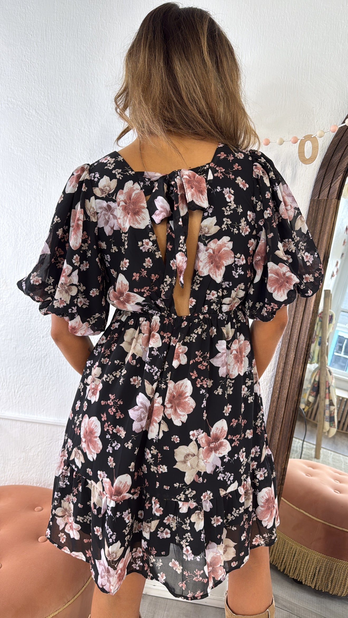 Della Dainty Floral Bubble Sleeve Mini Dress, Fall Black Multi