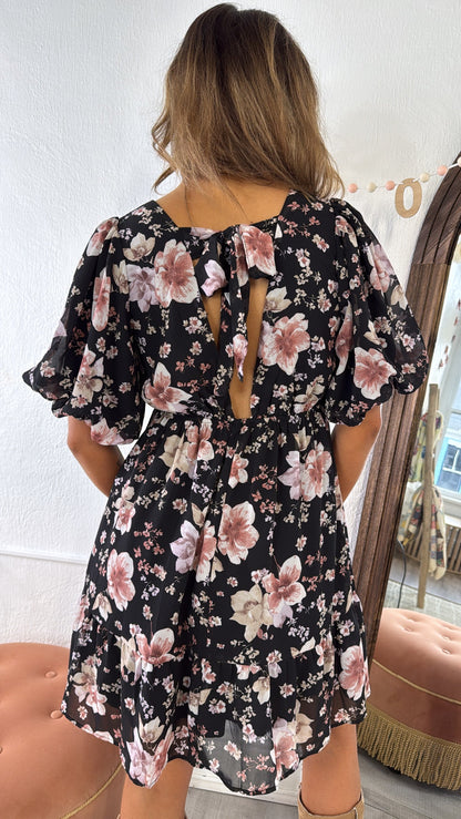 Della Dainty Floral Bubble Sleeve Mini Dress, Fall Black Multi