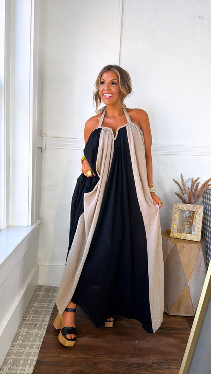 Moonlit Stream Maxi Dress, Sand/Black