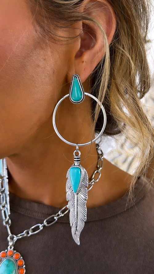 Feathered Hoop Post Earring, Turquoise