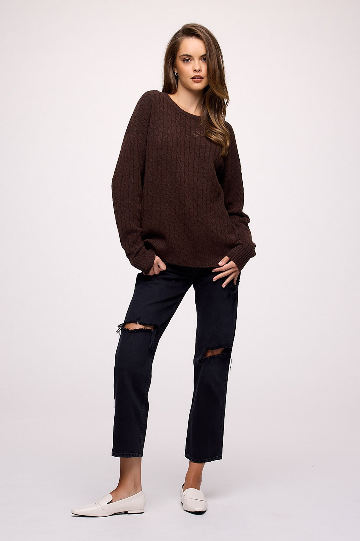 Cozy Knit Cable Crewneck Sweater | Heather Espresso