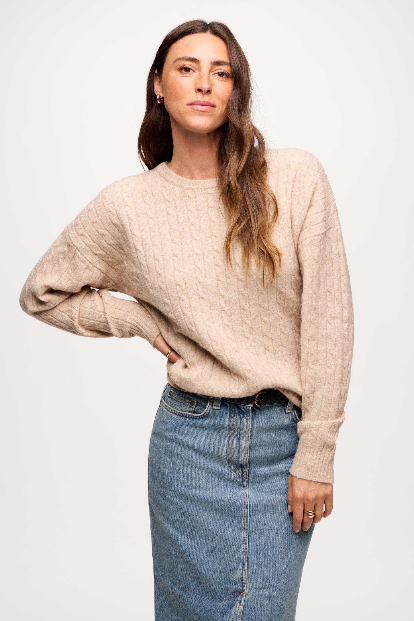 Cozy Knit Cable Crewneck Sweater | Heather Oat