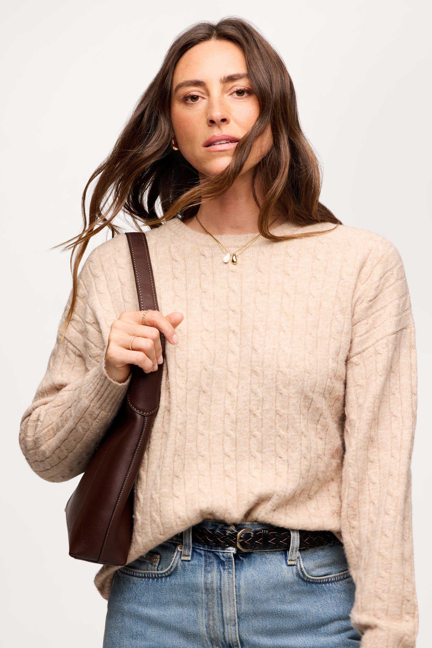 Cozy Knit Cable Crewneck Sweater | Heather Oat