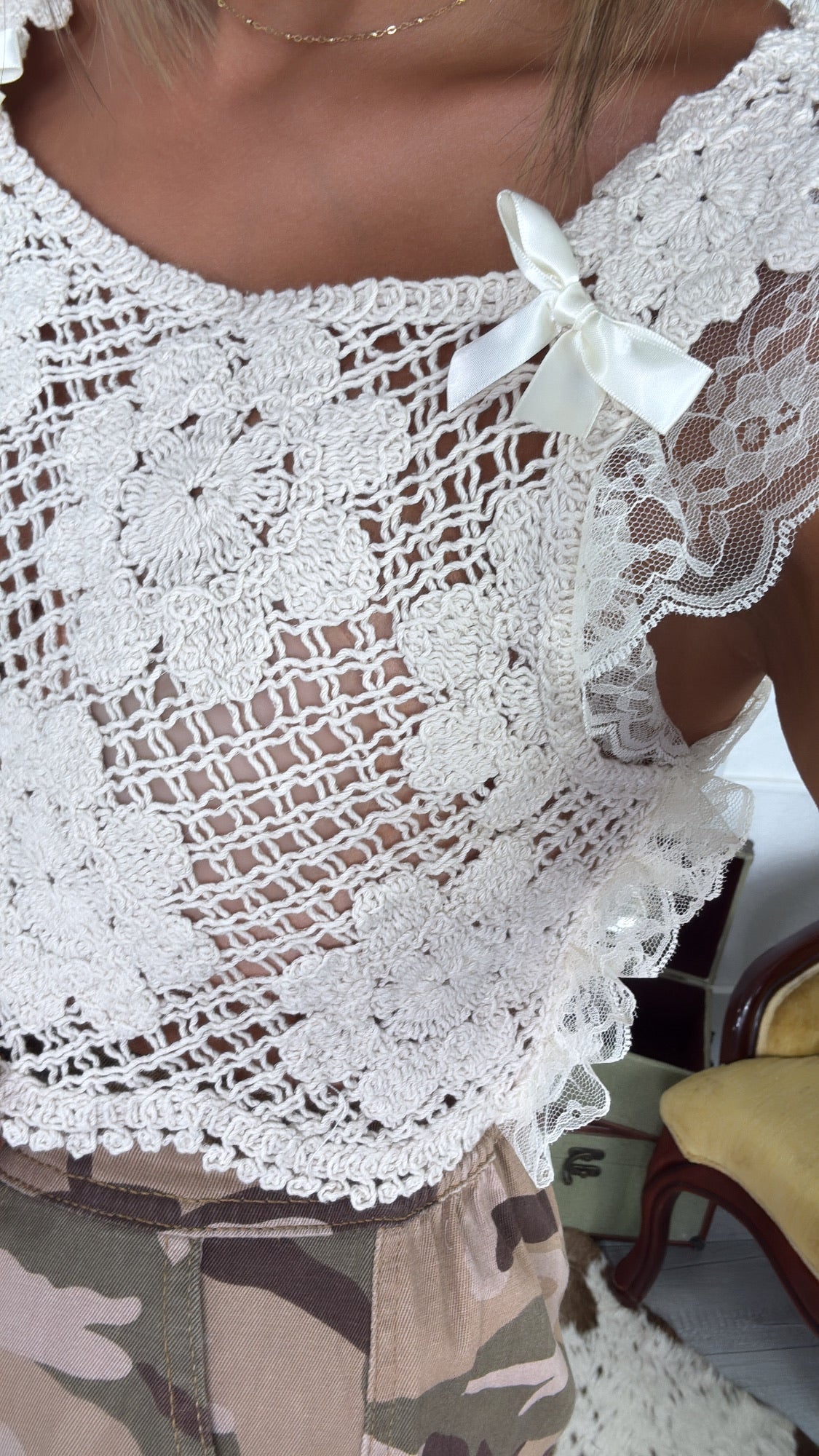 Falling For You Crochet Lace Bow Detail Top, Natural
