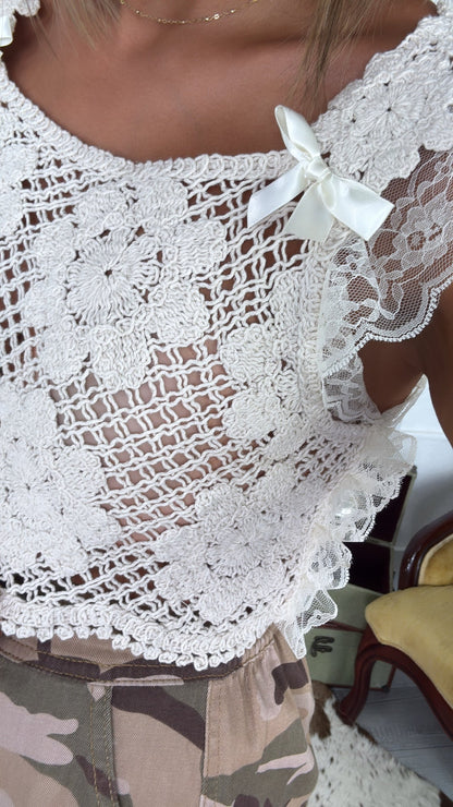 Falling For You Crochet Lace Bow Detail Top, Natural