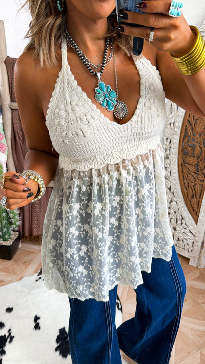 Halter Lace Tank, Cream