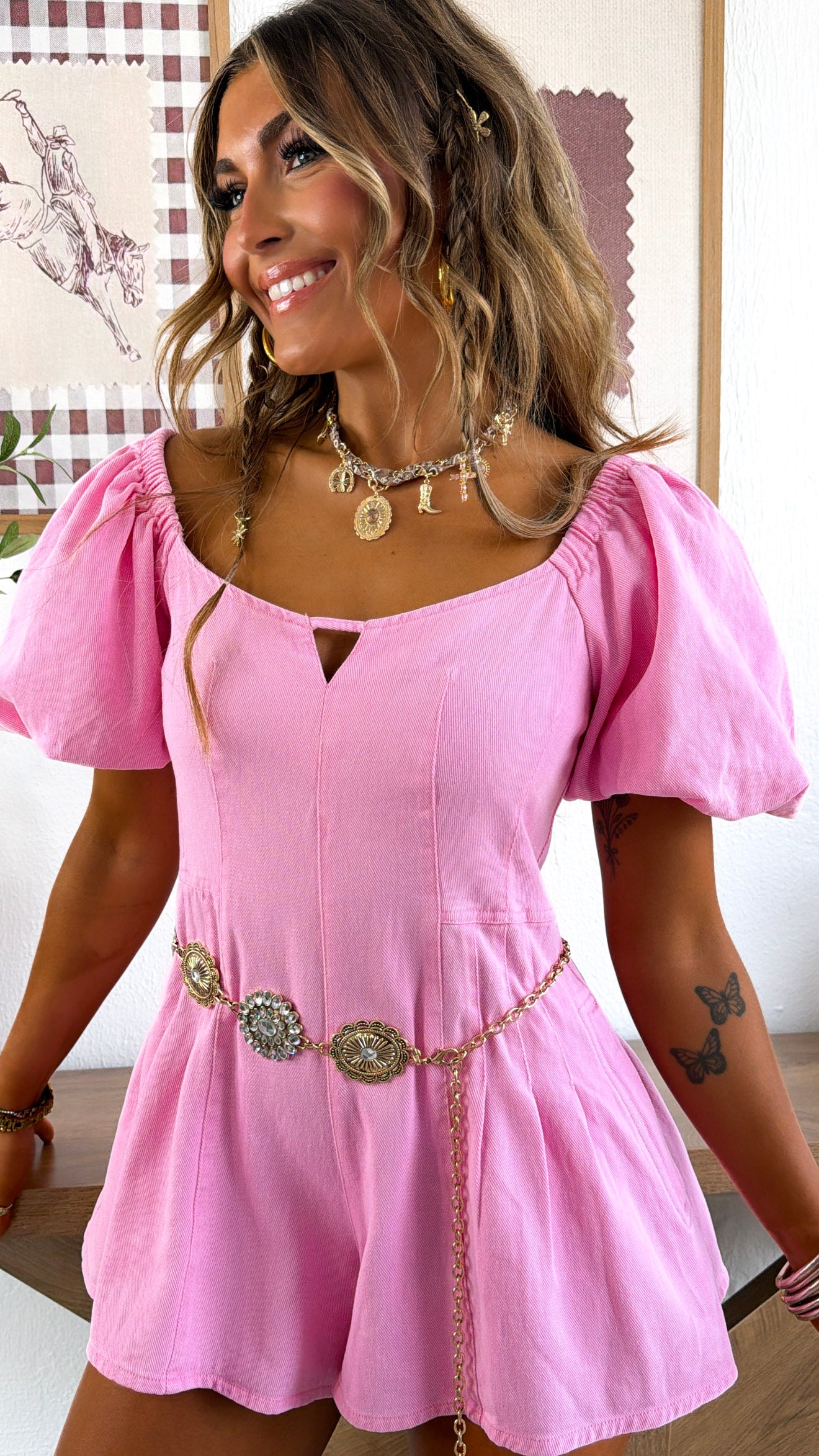Ocean Pearl Bubble Denim Romper, Pink