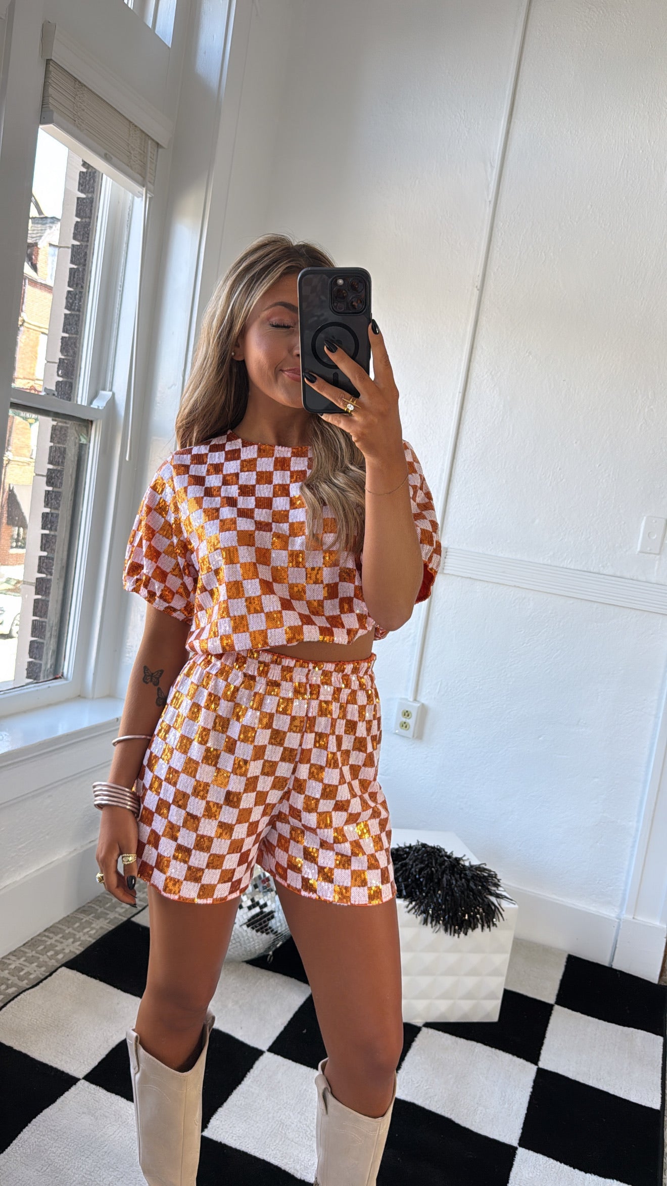 Orange & White Gameday Checkered Sequin Set