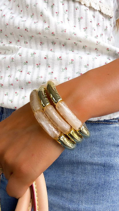 Golden Meadow Bracelet Stack, Beige/ Gold